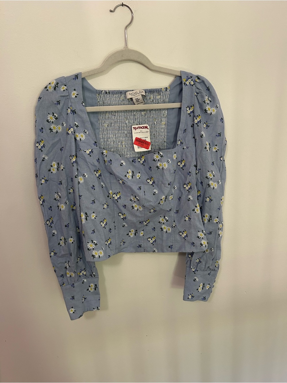 Rachel Zoe Light Blue Floral Square-Neck Puff Sleeve Blouse